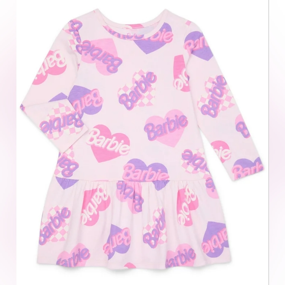 NWT Barbie Toddler Girls Print Drop Waist Dress  Long Sleeves Valentine's Day
